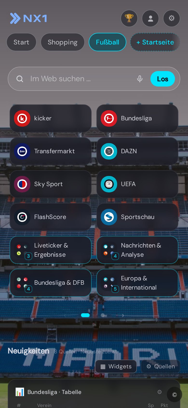 Fußball-Startseite in NX1 (Mobile-Screenshot)