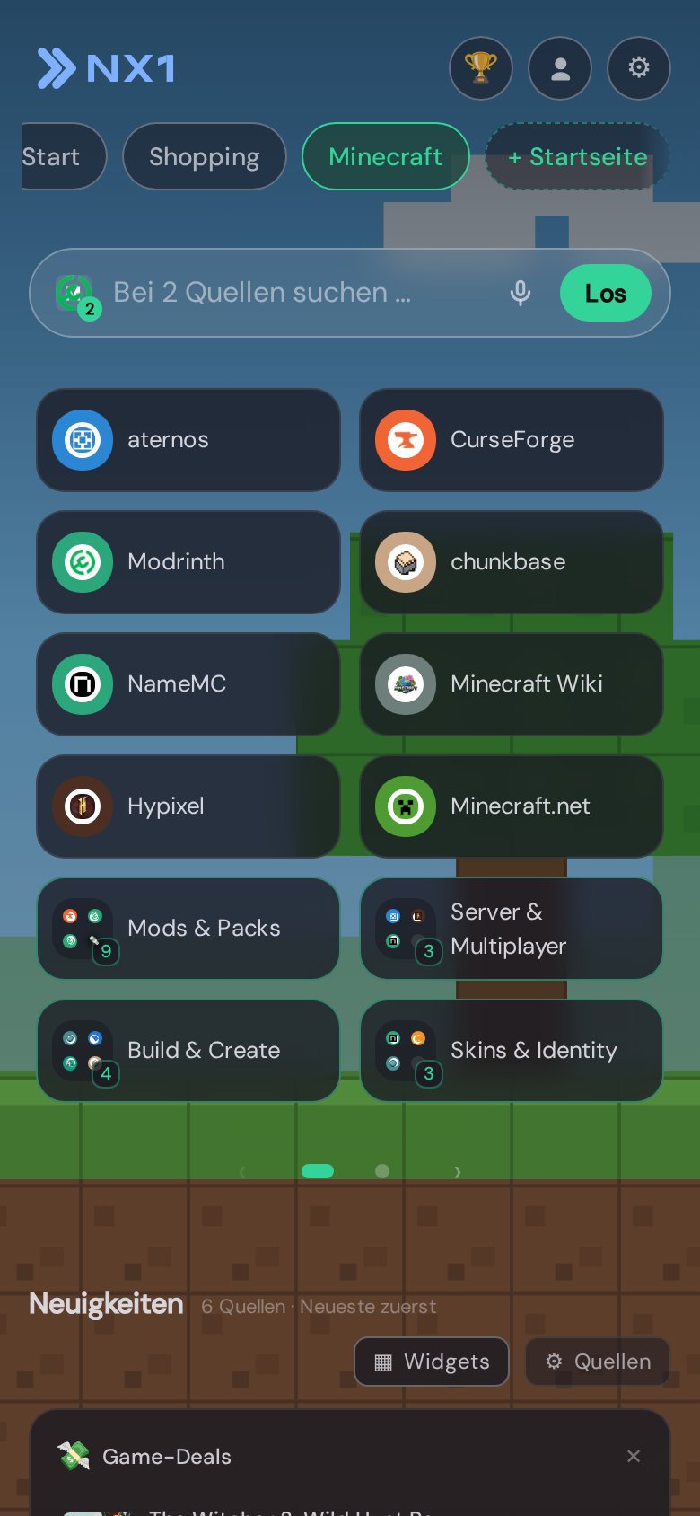 Minecraft-Startseite in NX1 (Mobile-Screenshot)