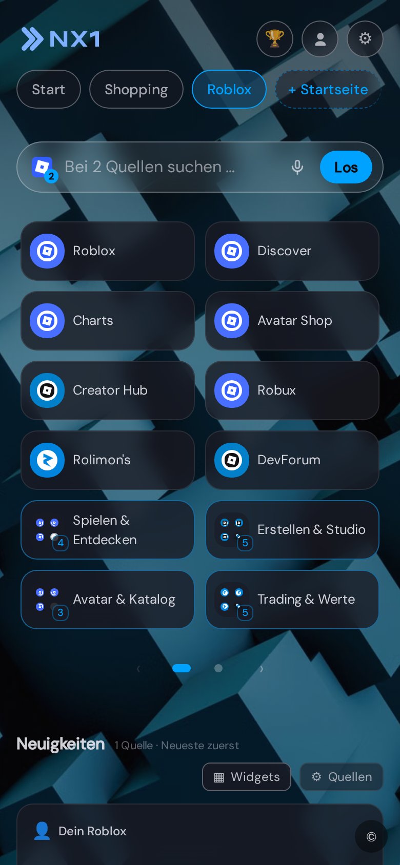 Roblox-Startseite in NX1 (Mobile-Screenshot)