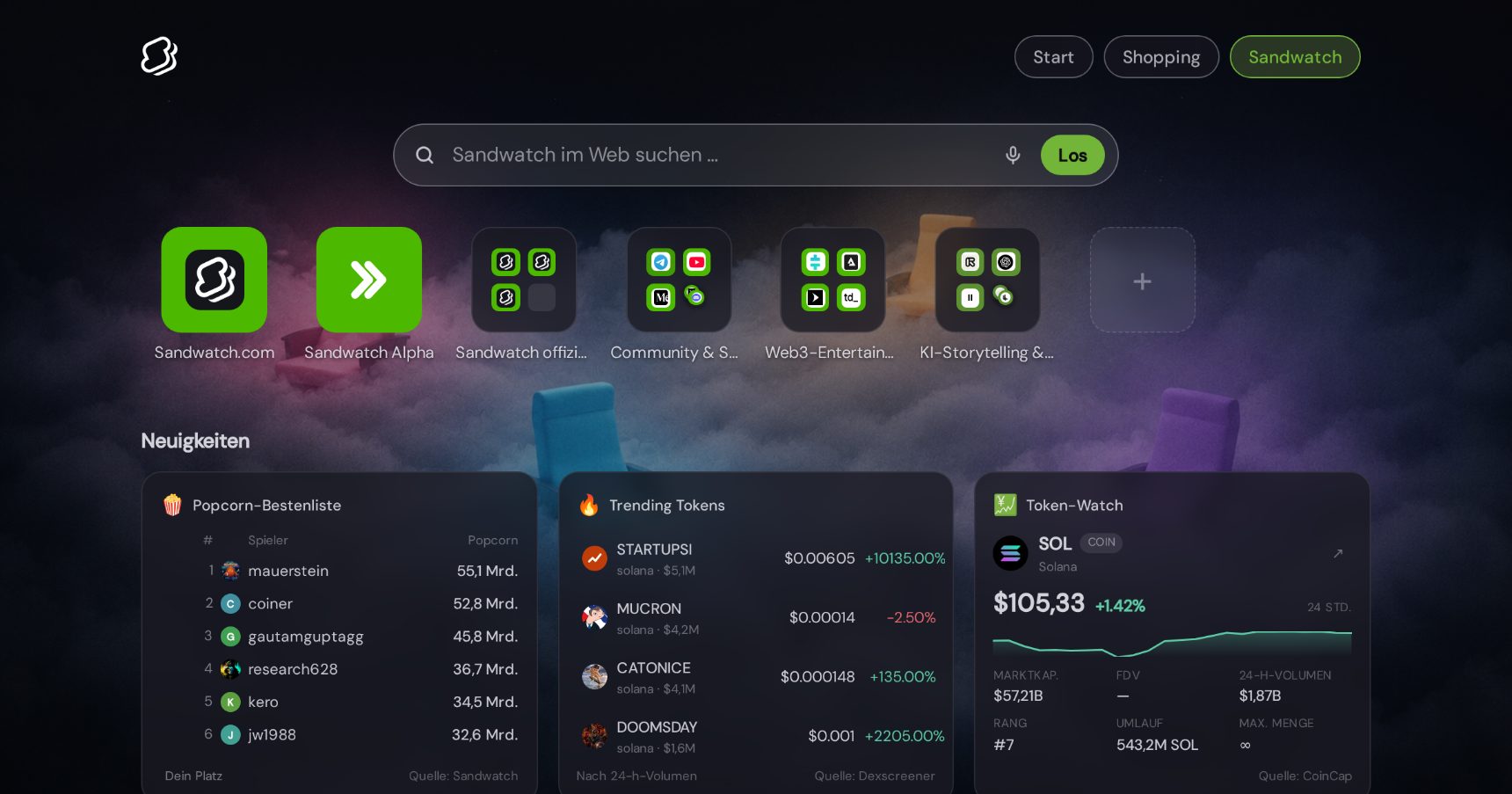 Sandwatch-Startseite in NX1 (Desktop-Screenshot)