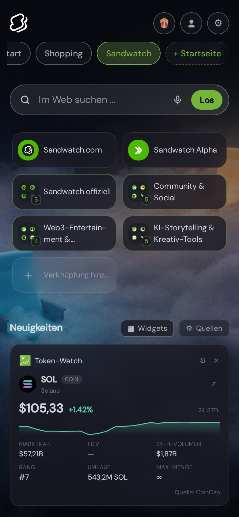 Sandwatch-Startseite in NX1 (Mobile-Screenshot)