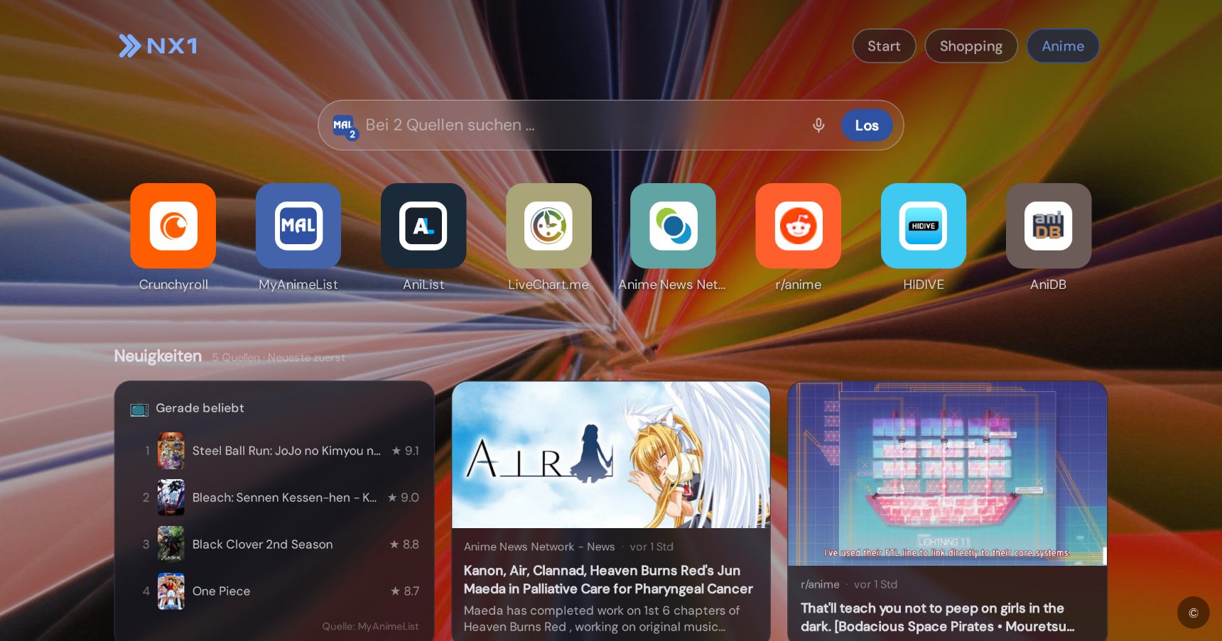 Anime-Startseite in NX1 (Desktop-Screenshot)