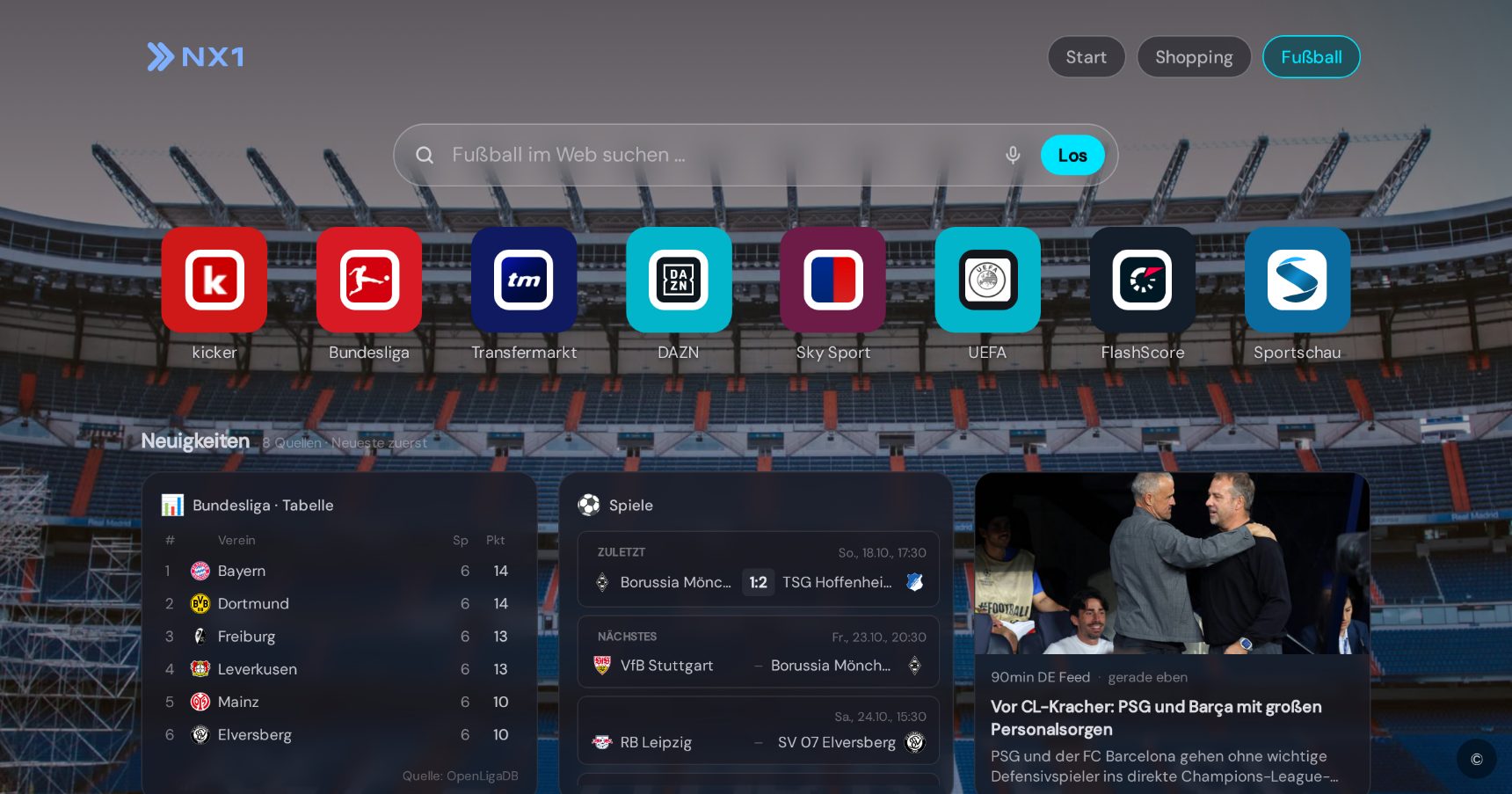 Fußball-Startseite in NX1 (Desktop-Screenshot)