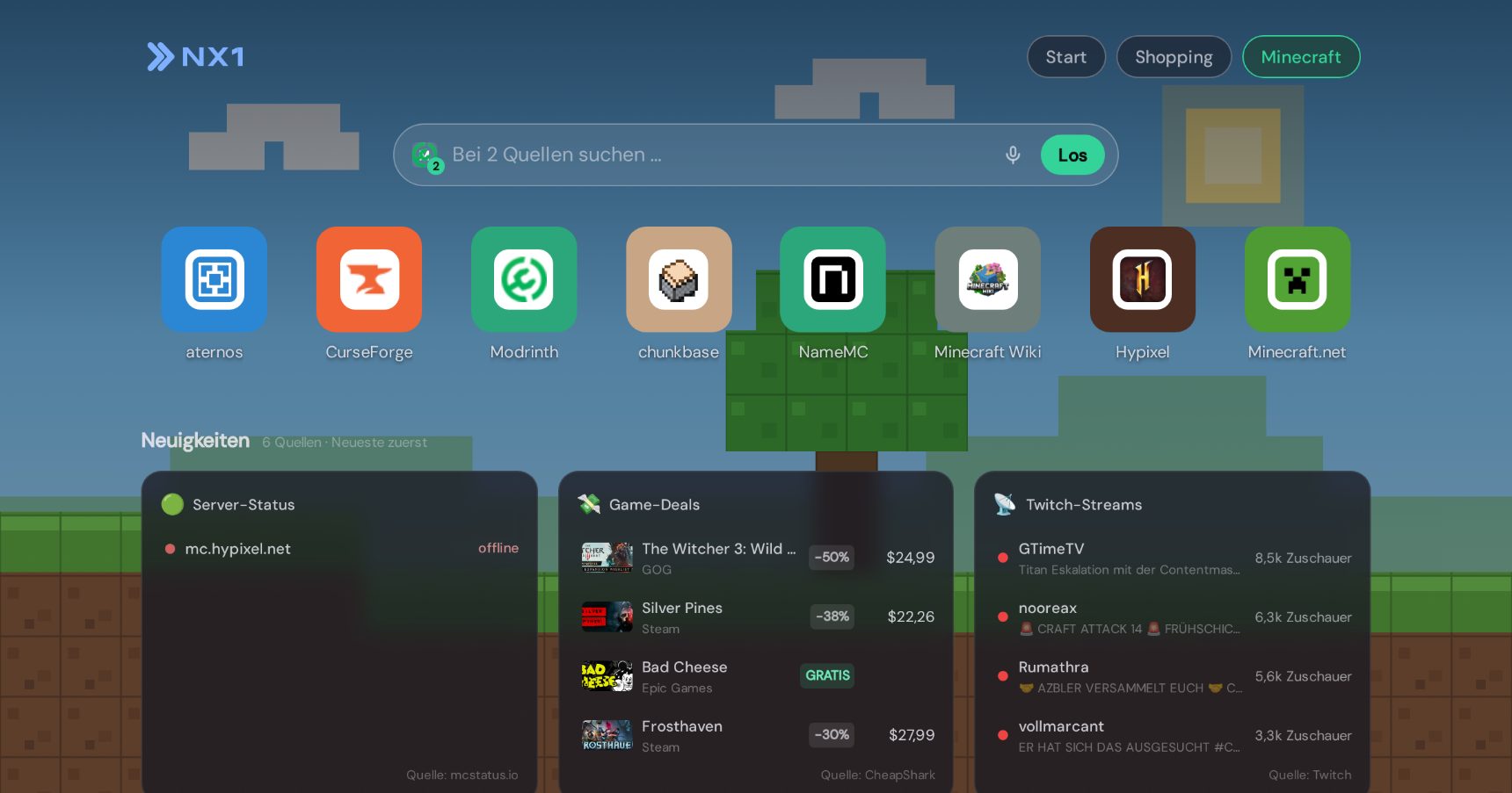 Minecraft-Startseite in NX1 (Desktop-Screenshot)