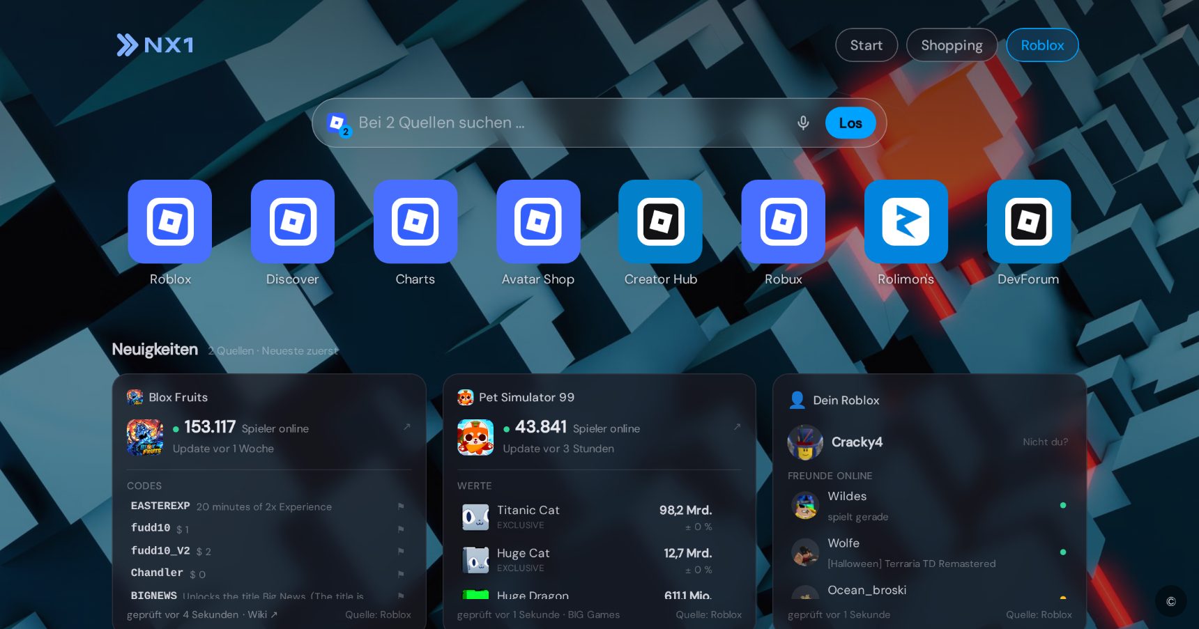 Roblox-Startseite in NX1 (Desktop-Screenshot)