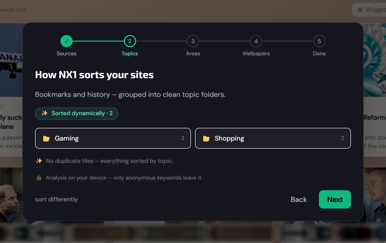 Configuration : l’historique est analysé sur l’appareil et trié en pages de démarrage (1/3)