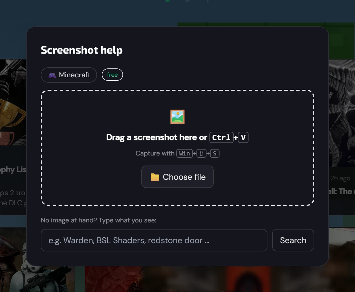 Aide par capture d’écran dans la page de démarrage Minecraft